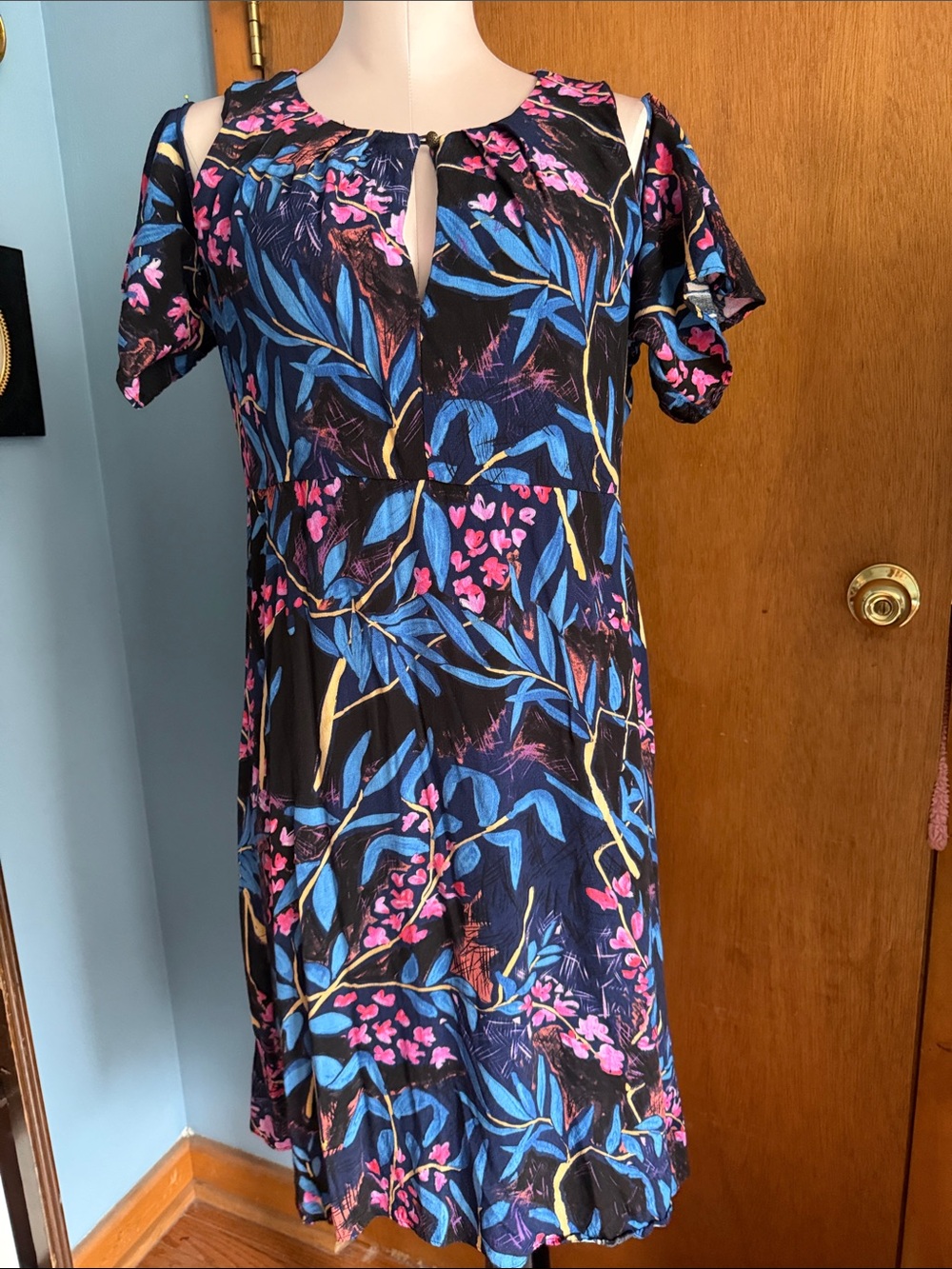Maeve Black Floral Cold-Shoulder Dress with Blue & Pink Accents